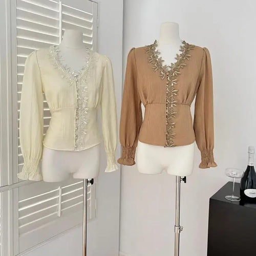 Load image into Gallery viewer, French New Ladies Slim Beige Patchwork Lace Single Breasted Short Blouse Tops Spring Brown Elegant V-neck Long Sleeve Shirt Chic
