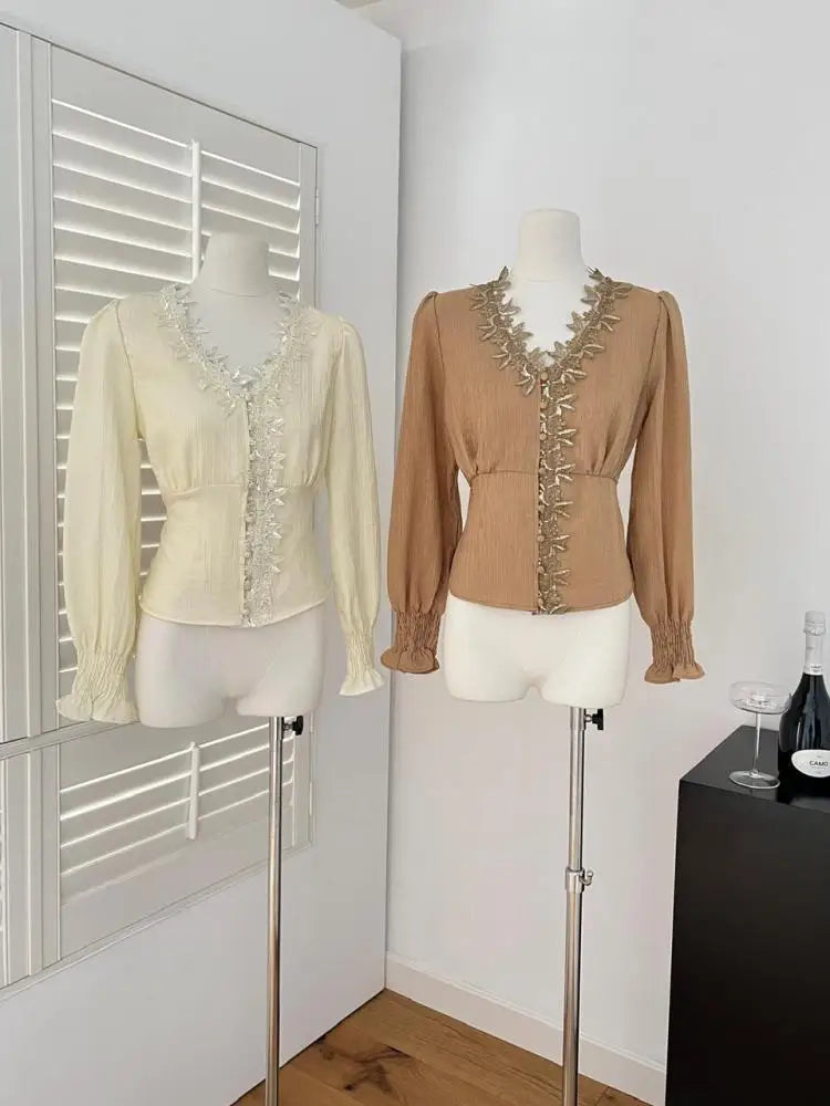 French New Ladies Slim Beige Patchwork Lace Single Breasted Short Blouse Tops Spring Brown Elegant V-neck Long Sleeve Shirt Chic