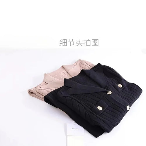 Load image into Gallery viewer, Women Khaki Single Breasted Long Sleeved Office Mini Dress Autumn Winter New Black V Neck Slim High Waist Knitted Short Dresses
