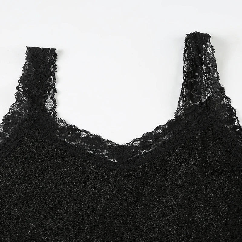 Fashion Black Lace Patchwork Skinny Camis Women Sleeveless Y2K Aesthetic Vintage Party Crop Tops Bling Clubwear Basic