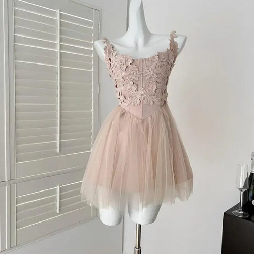 Load image into Gallery viewer, Summer French Vintage Khaki Patchwork Mesh Elegant Slim Party Mini Dress Women White High Waist Sleeveless Slip Short Dress Chic
