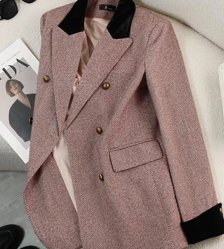 Vintage Women Autumn Winter Pink Patchwork Blazer Jacket Khaki Double Breaste Office Ladies Long Sleeve Tops Coat Clothing New