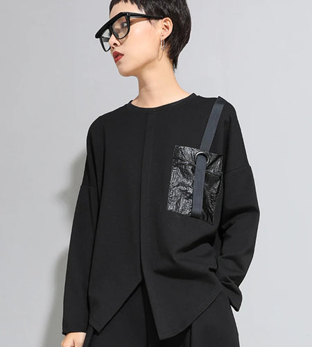 Women Black Pocket Ribbon Irregular Big Size T-shirt New Round Neck Long Sleeve Fashion Tide Spring Autumn 2025 1DJ1771