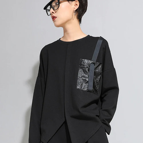 Load image into Gallery viewer, Women Black Pocket Ribbon Irregular Big Size T-shirt New Round Neck Long Sleeve Fashion Tide Spring Autumn 2025 1DJ1771
