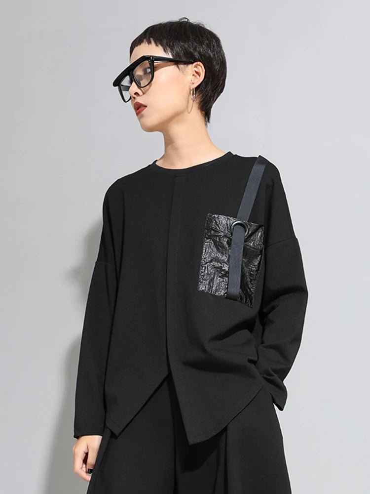 Women Black Pocket Ribbon Irregular Big Size T-shirt New Round Neck Long Sleeve Fashion Tide Spring Autumn 2025 1DJ1771