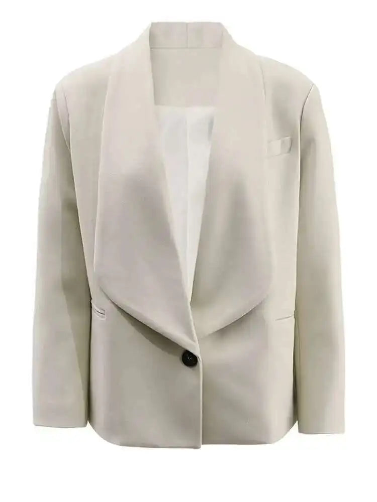Women Beige Single Button Pleated Big Size Short Blazer New Lapel Long Sleeve Jacket Fashion Tide Spring Autumn 2025 Beige