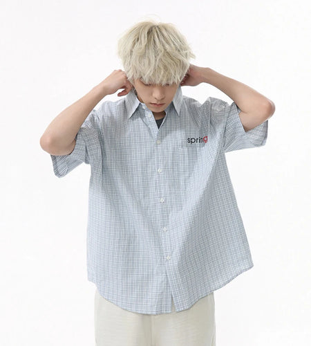 Men's Short Sleeve Shirts Plaid Collar Design New Summer Shirt Letter Printed Trendy Casual Loose Male Clothing 9W1593