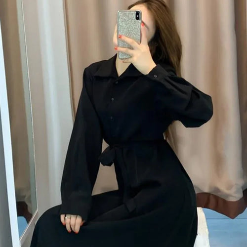 Load image into Gallery viewer, Polo Black Shirt Dress Women Vintage Casual Long Sleeve Party Dresses Elegant Kpop Fashion Harajuku Robe Female
