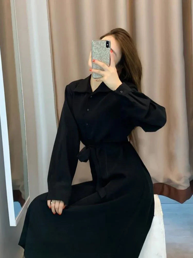 Polo Black Shirt Dress Women Vintage Casual Long Sleeve Party Dresses Elegant Kpop Fashion Harajuku Robe Female