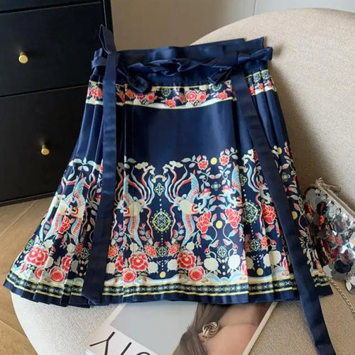 Load image into Gallery viewer, Spring Chinese Style Improved Printed Bandage Mini Skirt Women High Waist Slim A-line Pleated Horse Face Short Skirts Versatile
