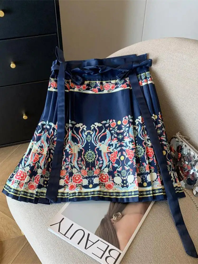 Spring Chinese Style Improved Printed Bandage Mini Skirt Women High Waist Slim A-line Pleated Horse Face Short Skirts Versatile
