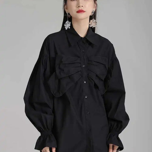 Load image into Gallery viewer, Women White Big Size Bow Elegant Long Blouse New Lapel Long Flare Sleeve Shirt Fashion Tide Spring Autumn 2025 1DH4000
