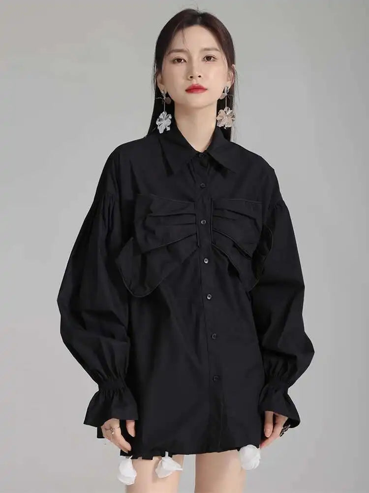 Women White Big Size Bow Elegant Long Blouse New Lapel Long Flare Sleeve Shirt Fashion Tide Spring Autumn 2025 1DH4000