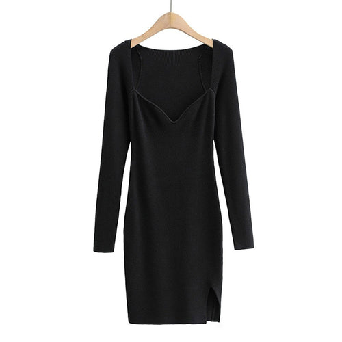 Load image into Gallery viewer, Korean Style Solid Dress For Women Square Collar Long Sleeve Knitting Bodycon Dresses Female Sexy Fashion Clothing
