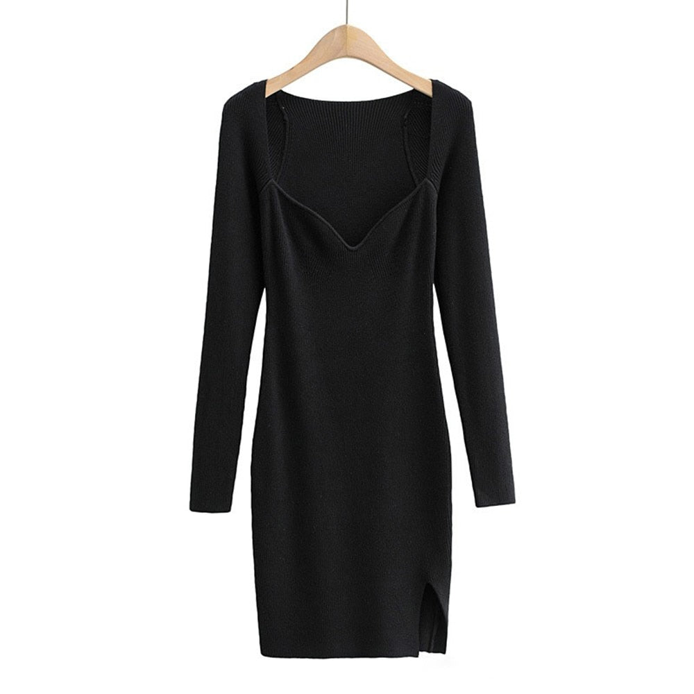 Korean Style Solid Dress For Women Square Collar Long Sleeve Knitting Bodycon Dresses Female Sexy Fashion Clothing