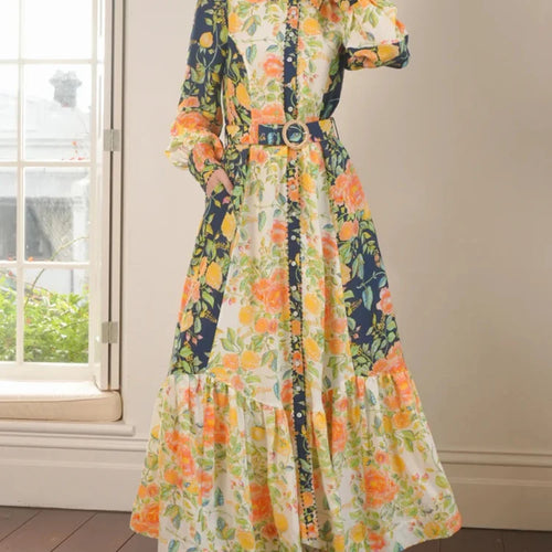 Load image into Gallery viewer, Hit Color Floral Printing Elegant Long Dresses For Women Lapel Long Sleeve High Waist Spliced Belt Temperament Dress Female
