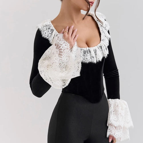 Load image into Gallery viewer, Fashion Lace Lace Korean Velvet Patchwork Elastic Tight Women's Top Sexy Bandage T-shirt Autumn/Winter Long Sleeve 2025
