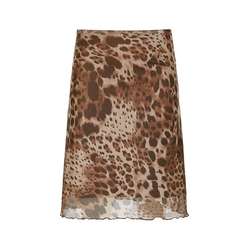 Load image into Gallery viewer, Vintage Leopard Print Frill Trim Mesh Women Skirt Low Waist Double Layers 90s Retro Knee-Length Skirt Party Clothing
