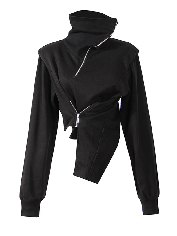 Loose Fit Black Zipper Irregular Sweatshirt New Turtleneck Long Sleeve Women Big Size Fashion Spring Autumn 2025 1DE3327