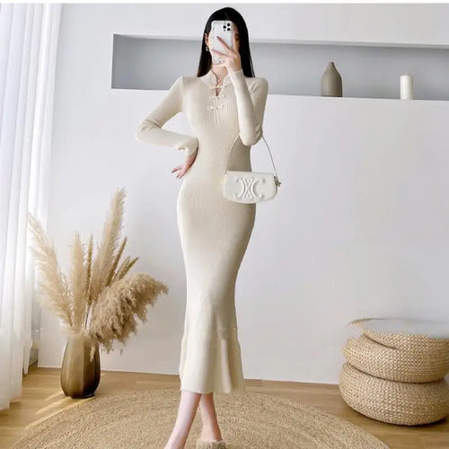 Load image into Gallery viewer, Autumn Winter Chinese Style Women's Solid Bottom Long Sleeved Dress Retro Hollow Out Wrap Hip Knitwear Fishtail Dress 2024 Trend
