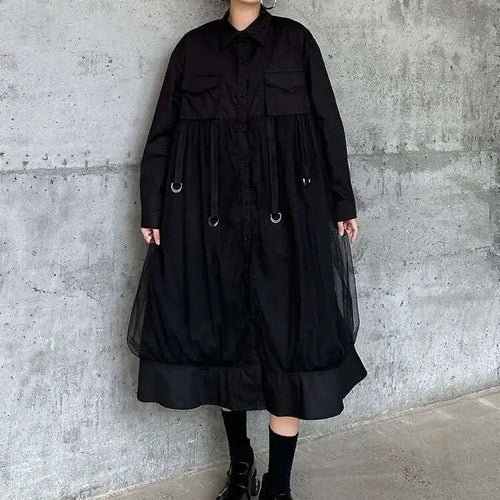 Load image into Gallery viewer, Women White Mesh Ribbons Pocket Big Size Midi Shirt Dress New Lapel Long Sleeve Fashion Tide Spring Autumn 2025 1DH8647
