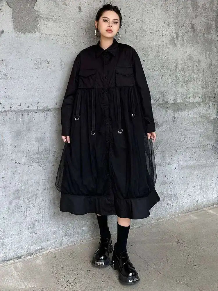 Women White Mesh Ribbons Pocket Big Size Midi Shirt Dress New Lapel Long Sleeve Fashion Tide Spring Autumn 2025 1DH8647