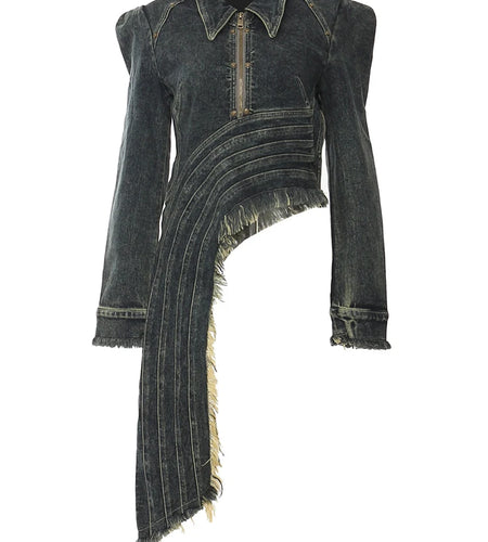 Blue Denim Irregular Hem Design Burr Slim Jacket New Lapel Long Sleeve Women Coat Fashion Tide Spring Autumn 2025 1DH5938