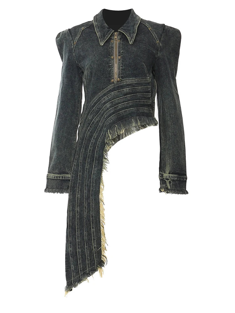 Blue Denim Irregular Hem Design Burr Slim Jacket New Lapel Long Sleeve Women Coat Fashion Tide Spring Autumn 2025 1DH5938