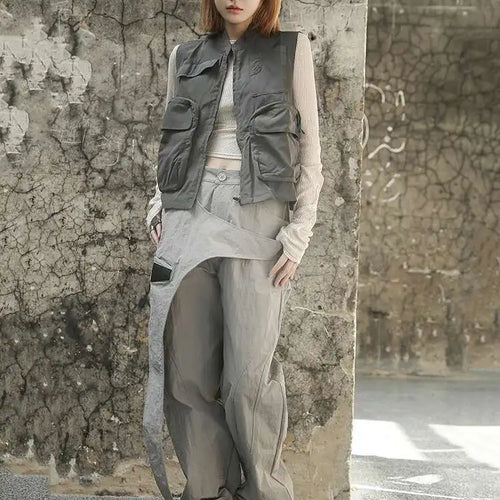 Load image into Gallery viewer, High Waist Gray Irregular Color-block Zipper Pants New Loose Fit Trousers Women Fashion Tide Spring Summer 2025 1DF6814
