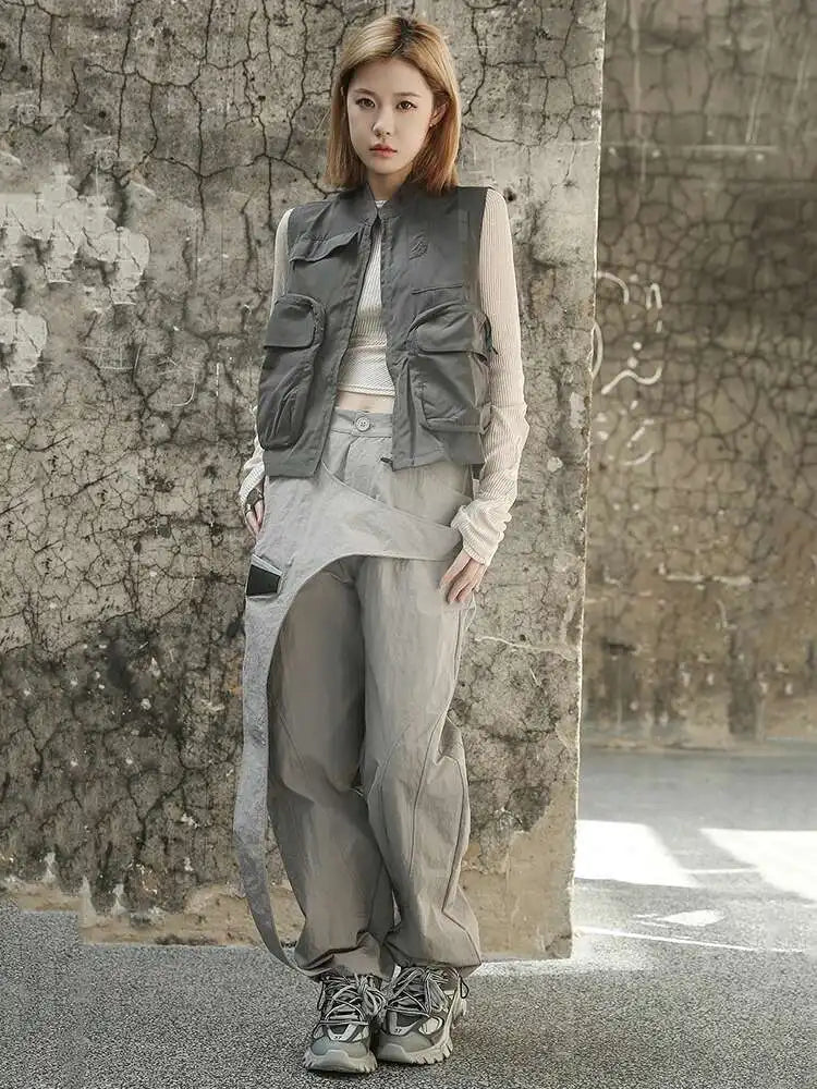 High Waist Gray Irregular Color-block Zipper Pants New Loose Fit Trousers Women Fashion Tide Spring Summer 2025 1DF6814