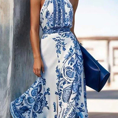 Load image into Gallery viewer, Women Beach Vacation Flower Print Maxi Dresses 2025 New Halterneck Contrast Color Boho A-line Long Dresses for Woman
