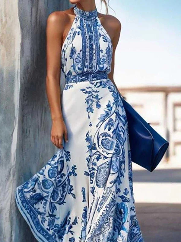 Women Beach Vacation Flower Print Maxi Dresses 2025 New Halterneck Contrast Color Boho A-line Long Dresses for Woman
