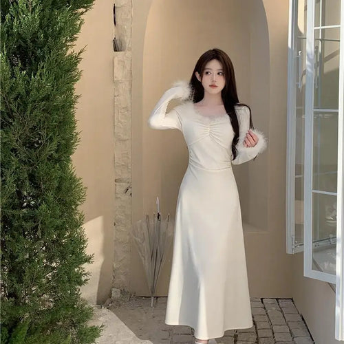 Load image into Gallery viewer, Vintage 2024 Autumn Winter White Elegant Party Dress Korean Fashion Woman Long Sleeve Hairy Square Neck Pleated Dress Slim Trend

