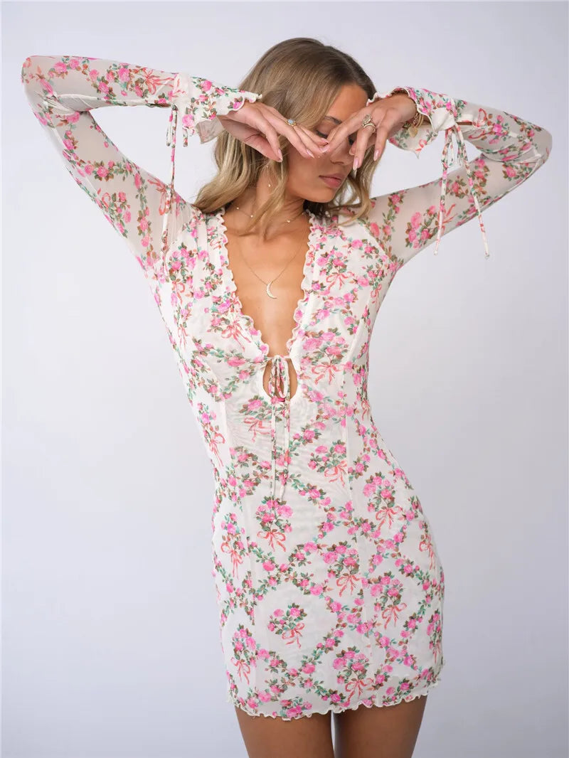Deep V Neck Lace-up Print Sexy Mini Dress For Women Robe Elegant Long Sleeve High Waist Bodycon Floral Print Dress