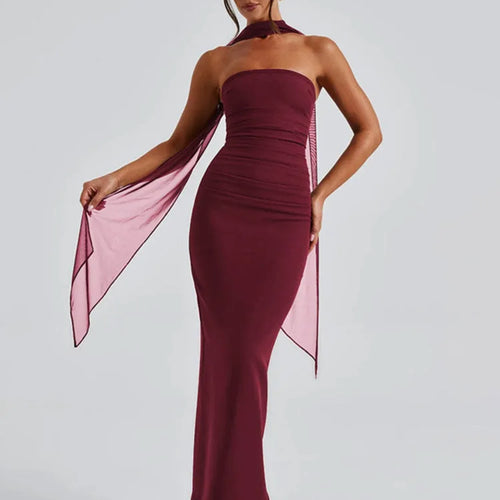 Load image into Gallery viewer, Strapless Backless Sexy Maxi Dress For Women Burgundy Mesh Sleeve Off-shoulder Bodycon Club Party Evening Long Dress
