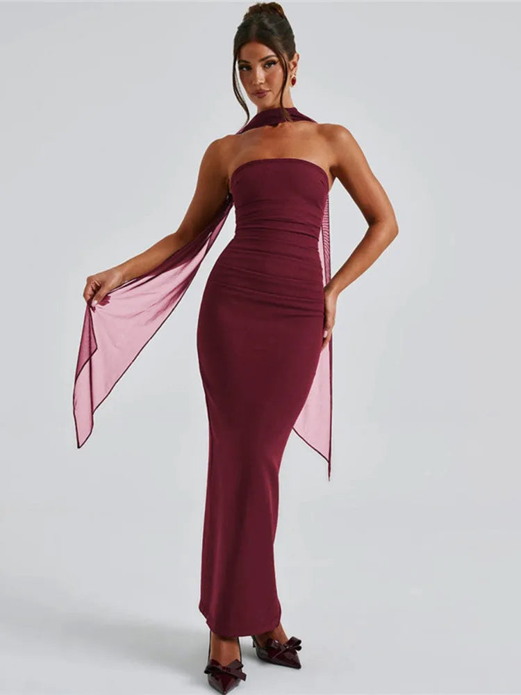Strapless Backless Sexy Maxi Dress For Women Burgundy Mesh Sleeve Off-shoulder Bodycon Club Party Evening Long Dress