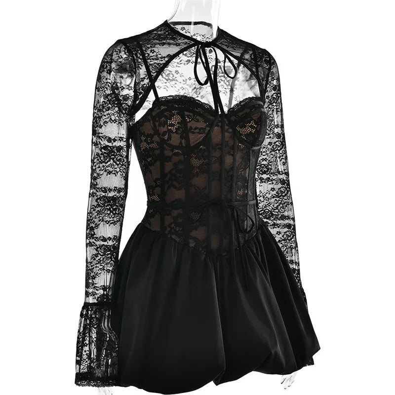 Black Lace Puffball Sexy Mini Dress For Women Fashion Lace-up Sheer Long Flare Sleeve High Waist Club Party Dress