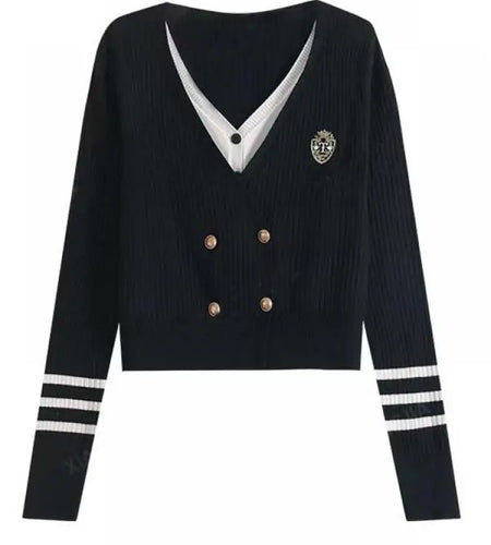 French Fashion 2024 New Patchwork Elegant Long Sleeved Sweater Autumn Winter Women's V Neck Double Breasted Cardigan Knitted Top