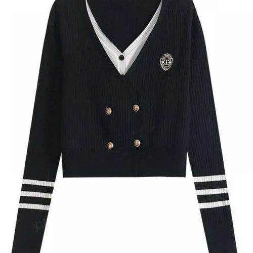 Load image into Gallery viewer, French Fashion 2024 New Patchwork Elegant Long Sleeved Sweater Autumn Winter Women's V Neck Double Breasted Cardigan Knitted Top
