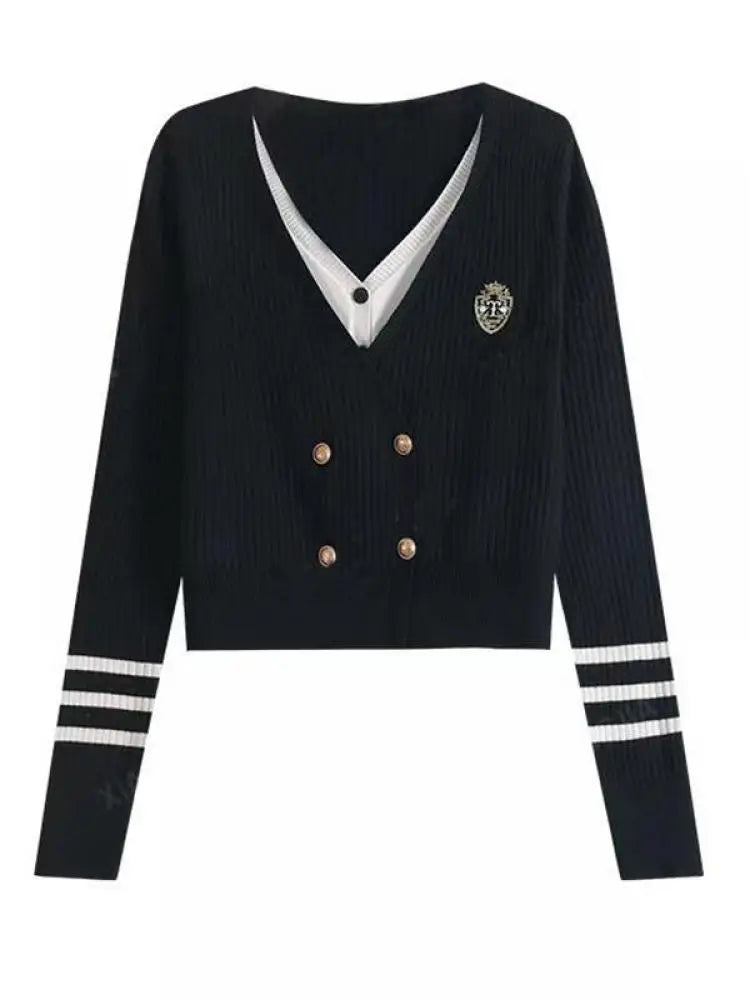 French Fashion 2024 New Patchwork Elegant Long Sleeved Sweater Autumn Winter Women's V Neck Double Breasted Cardigan Knitted Top