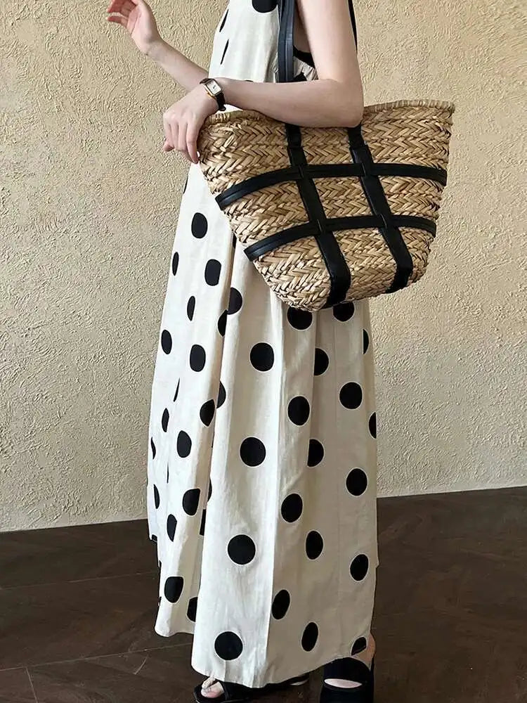Women White Dot Printed Pleated Big Size Elegant Dress New Round Neck Sleeveless Fashion Tide Spring Summer 2025 1DJ0367