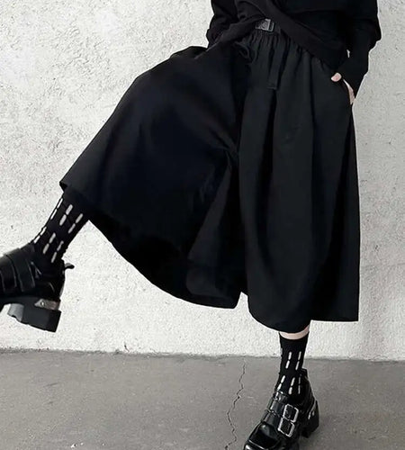 High Elastic Waist Black Belted Calf-Length Wide Leg Pants New Trousers Women Fashion Tide Spring Autumn 2025 1DH9367