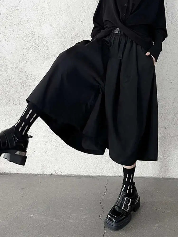 High Elastic Waist Black Belted Calf-Length Wide Leg Pants New Trousers Women Fashion Tide Spring Autumn 2025 1DH9367