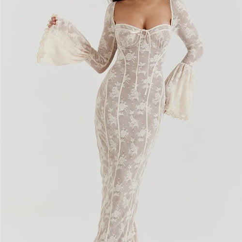 Load image into Gallery viewer, Lace Print Long Flare Sleeve Sexy Maxi Dress For Women Fashion Square Collar Backless Bodycon Club Party Sexy Dress
