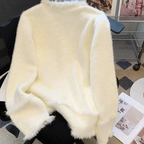 Load image into Gallery viewer, Autumn Winter French White Print V Neck Tassel Elegant Knitted Cardigan Tops Women Single Breasted Long Sleeve Mink Sweater Chic
