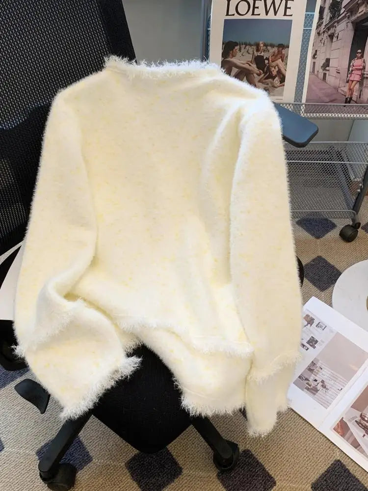 Autumn Winter French White Print V Neck Tassel Elegant Knitted Cardigan Tops Women Single Breasted Long Sleeve Mink Sweater Chic