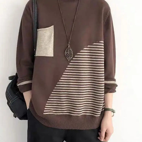 Load image into Gallery viewer, 2024 New Women Striped Patchwork Half High Neck Knitted Tops Streetwear Autumn Winter Casual Long Sleeve Pullover Sweater Trendy
