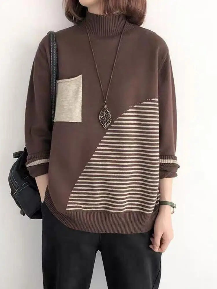 2024 New Women Striped Patchwork Half High Neck Knitted Tops Streetwear Autumn Winter Casual Long Sleeve Pullover Sweater Trendy
