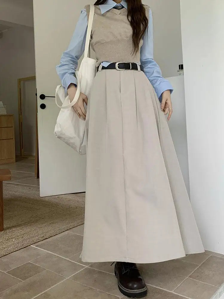 Korean Black High Waist Pleated Woman Grey Suit Skirt Female 2023 Autumn Ladies Casual Fashion Beige Festival A-line Long Skirts