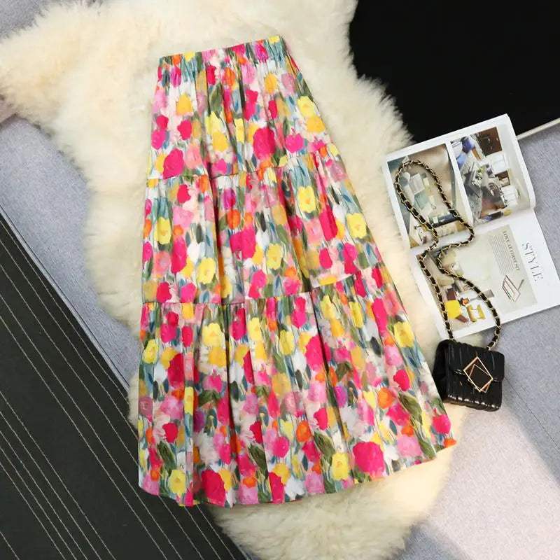 Spring Summer French Retro Print Elegant Long Skirts Women Festival Elastic High Waist Party Slim A-line Pleated Skirt Bohemian